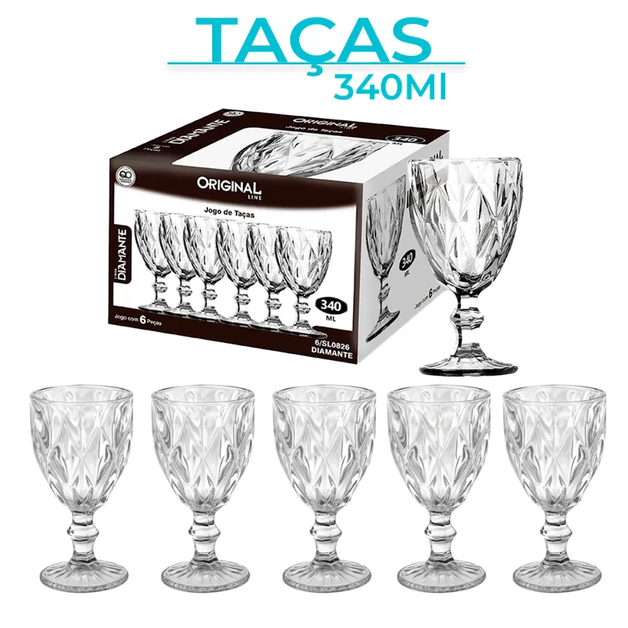 Jogo de Taças de Vidro Diamond (Bico de Jaca/Abacaxi para Vinho e Suco)