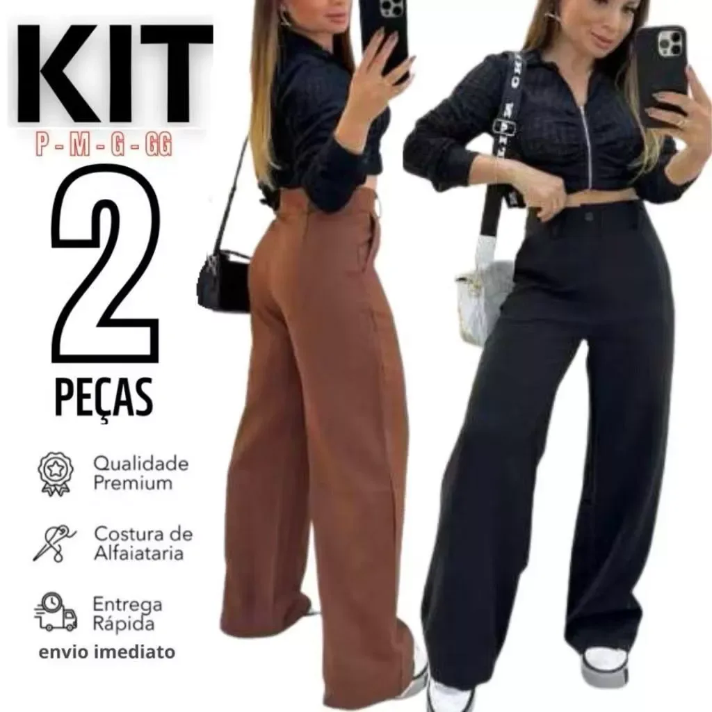 Kit 2 Calças Alfaiataria Premium Feminina (Cintura Alta com Bolso)