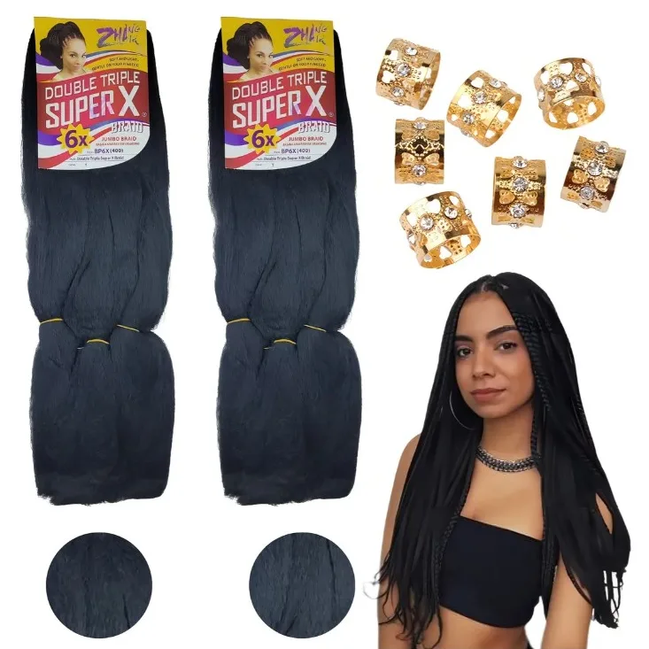 Kit 2 Pacotes Cabelo Jumbo Jumbão Zhang Hair Para Tranças Preto 65cm