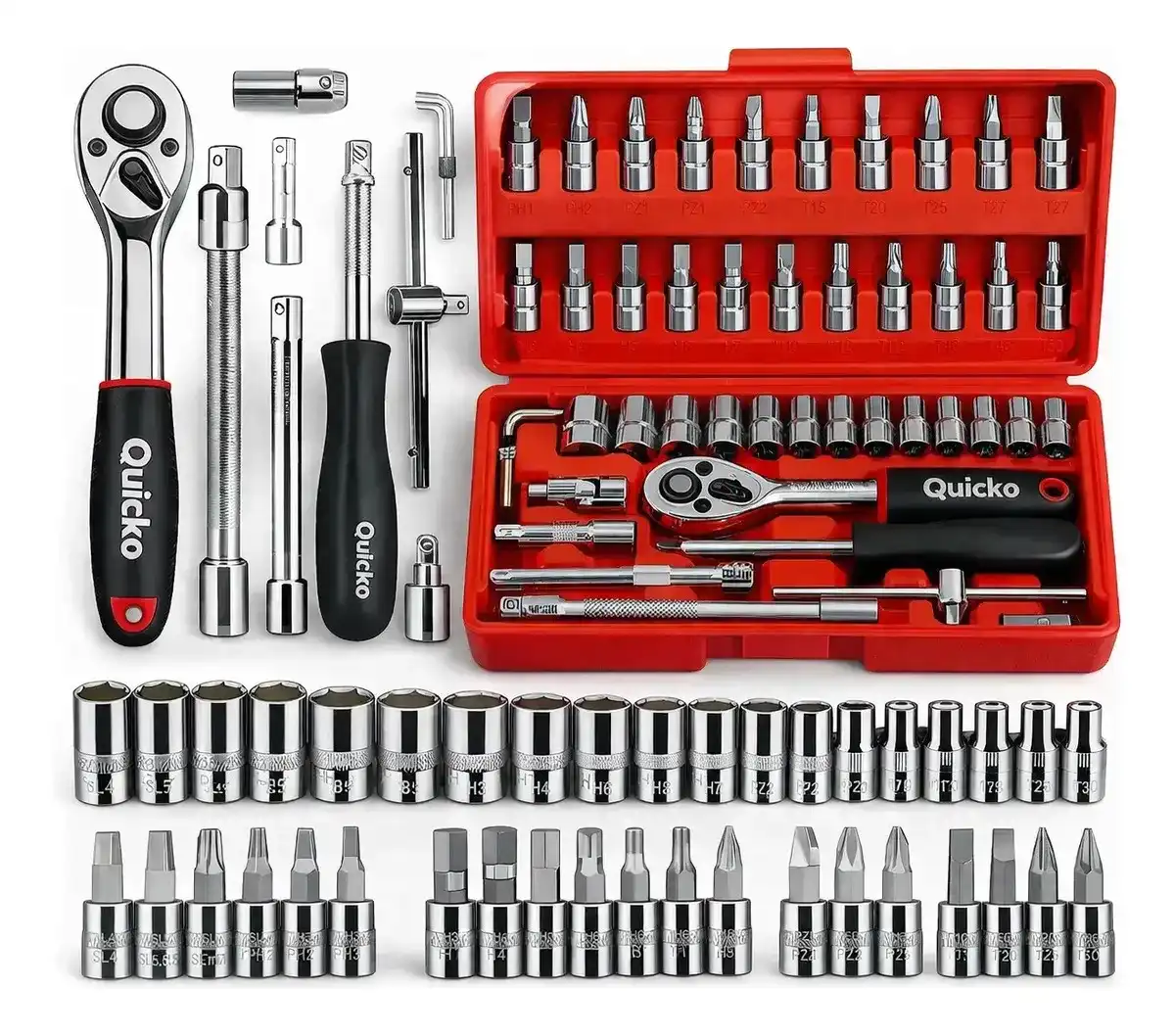 Kit Chaves Ferramentas Jogo Fenda Philips Catraca Soquete Allen 46 Peças com Maleta Completa Manual Ideal Mecânico Manutenção Casa Carro Profissional Resistente Portátil Compacto Quicko