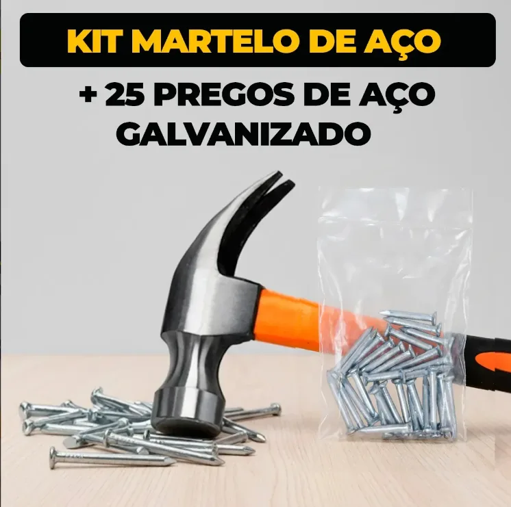 Kit Martelo Unha 25mm Cabeça Aço + 25 Pregos Com Cabo De Fibra Emborrachado Profissional Carpinteiro Marceneiro - Marca Well Tools