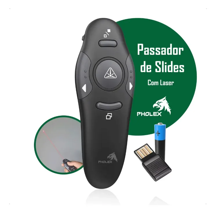Passador De Slides Com Laser Apresentador Multimídia Wireless Usb Para Palestras Aulas Reuniões Controle Remoto Compacto Pholex