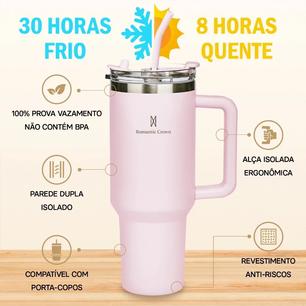 ROMANTIC CROWN Copo Térmico Portátil 1200ml/600ml com Tampa e Canudo Garrafa Térmica Inoxidável À prova de vazamentos